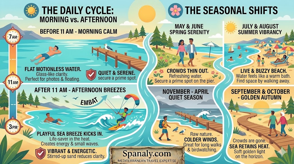 A colorful infographic for Playa de Muro, Mallorca, showing the daily cycle between morning calm glassy waters and afternoon Embat sea breezes, along with seasonal shifts from spring serenity and summer vibrancy to the golden autumn and quiet winter season.