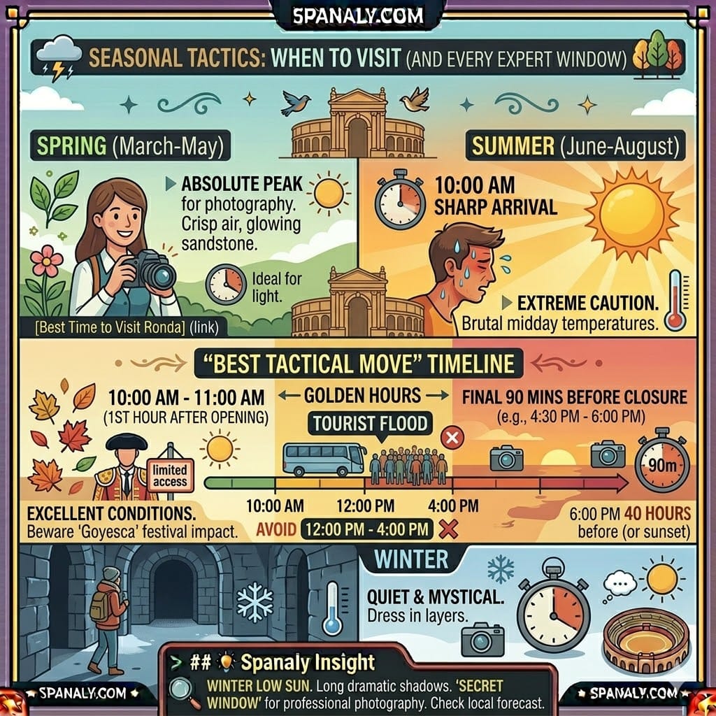 A seasonal infographic for Plaza de Toros de Ronda, comparing spring photography perks, summer heat warnings, and the best tactical time windows to avoid crowds.