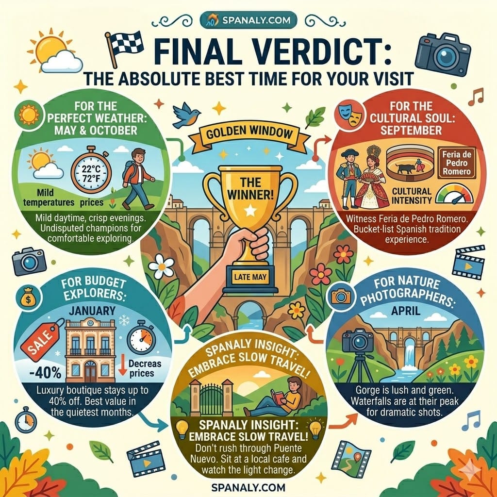 Comprehensive 1024x1024 infographic of the final verdict on the best time to visit Ronda, highlighting late May as the winner, winter for budget, and September for festivals.