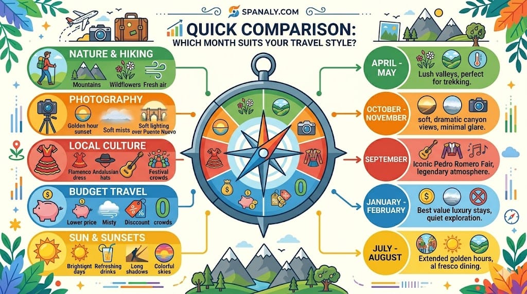 Comprehensive comparison infographic for Ronda travel showing best months for nature, photography, local culture, budget travel, and sunsets with weather highlights