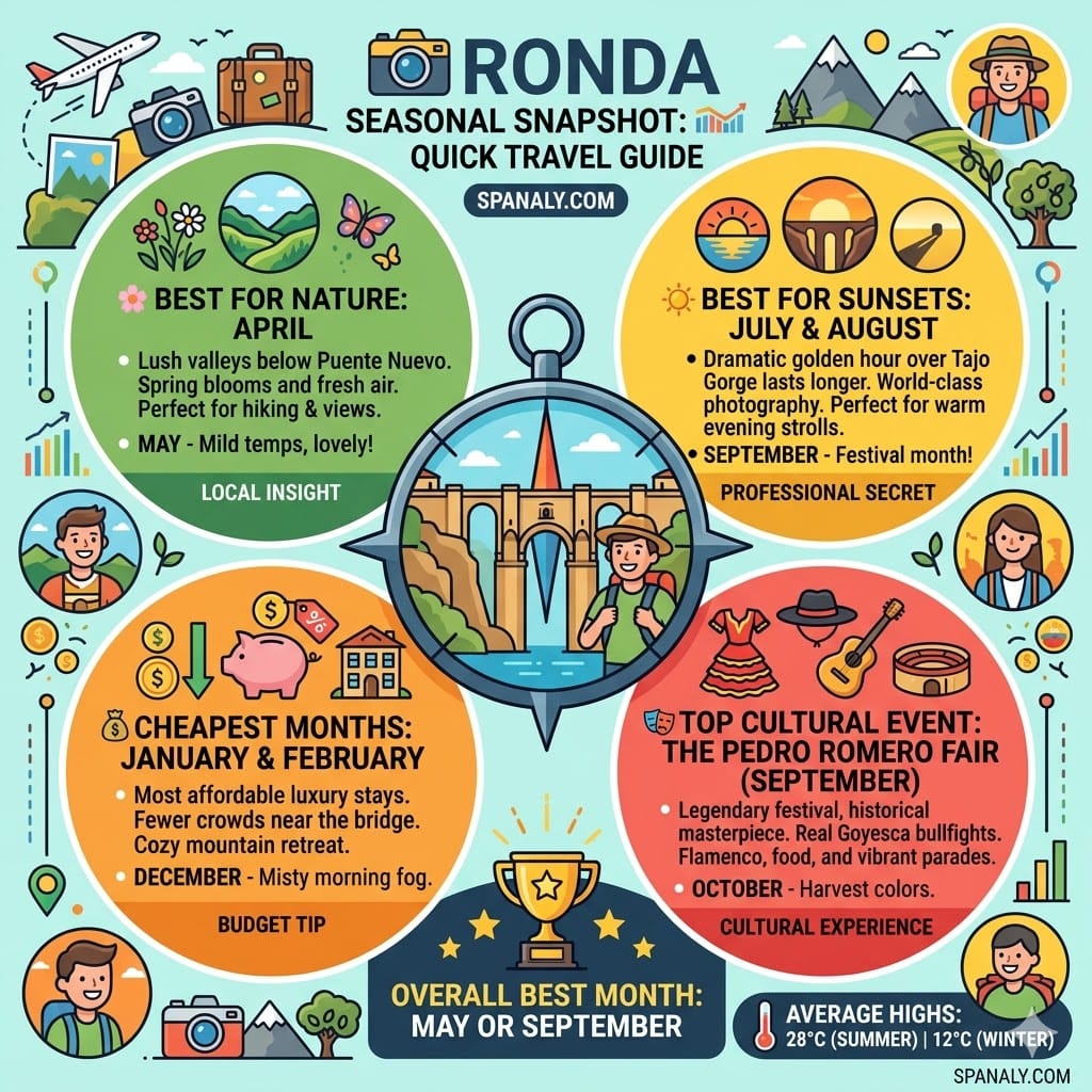 Comprehensive infographic of Ronda seasonal travel guide featuring best months for nature, sunsets, festivals, and budget travel with mountain climate data.