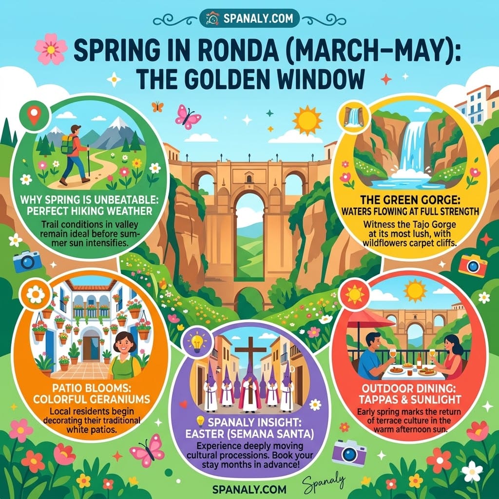Vibrant 1024x1024 infographic of Ronda in spring featuring blooming wildflowers in the Tajo Gorge, hiking activities, traditional patios, and Semana Santa processions.