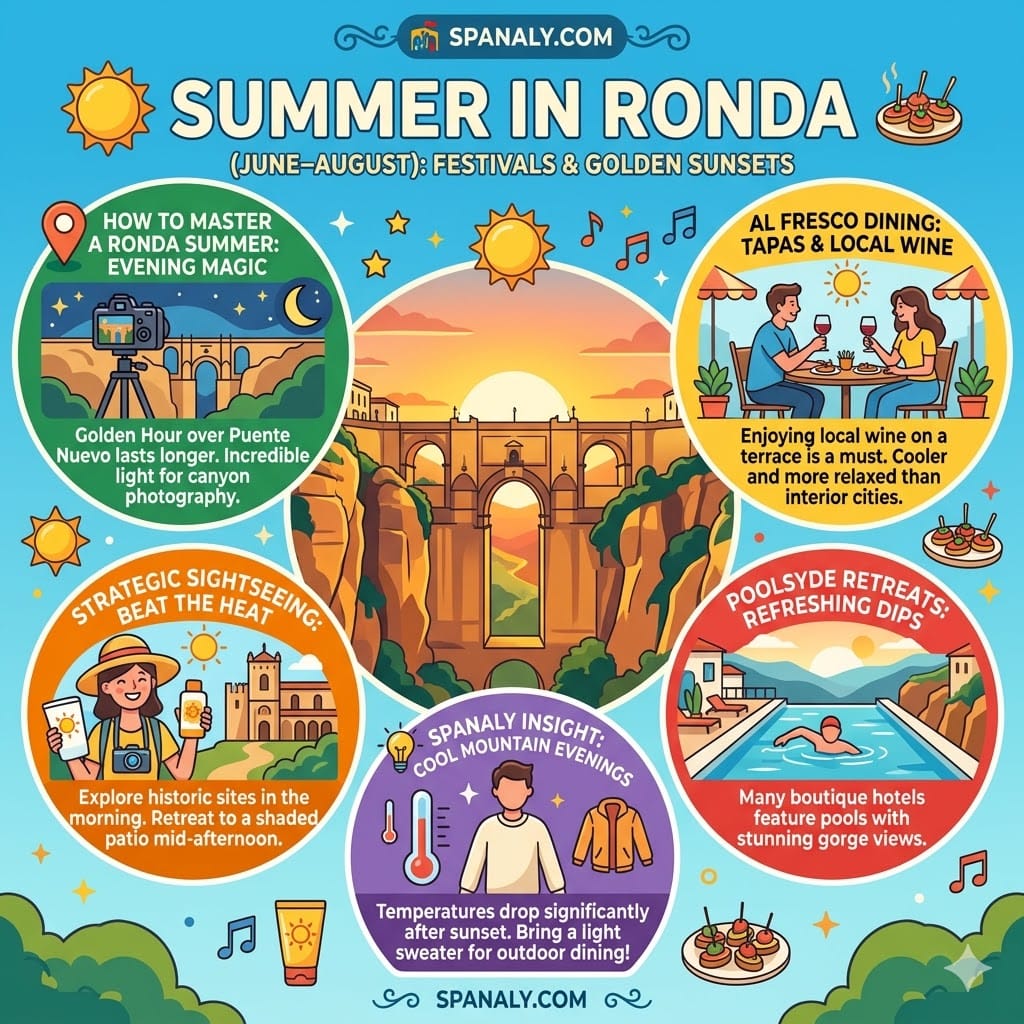 Vibrant 1024x1024 infographic of Ronda in summer featuring golden hour photography, sunset views over Puente Nuevo, terrace dining, and poolside boutique stays.