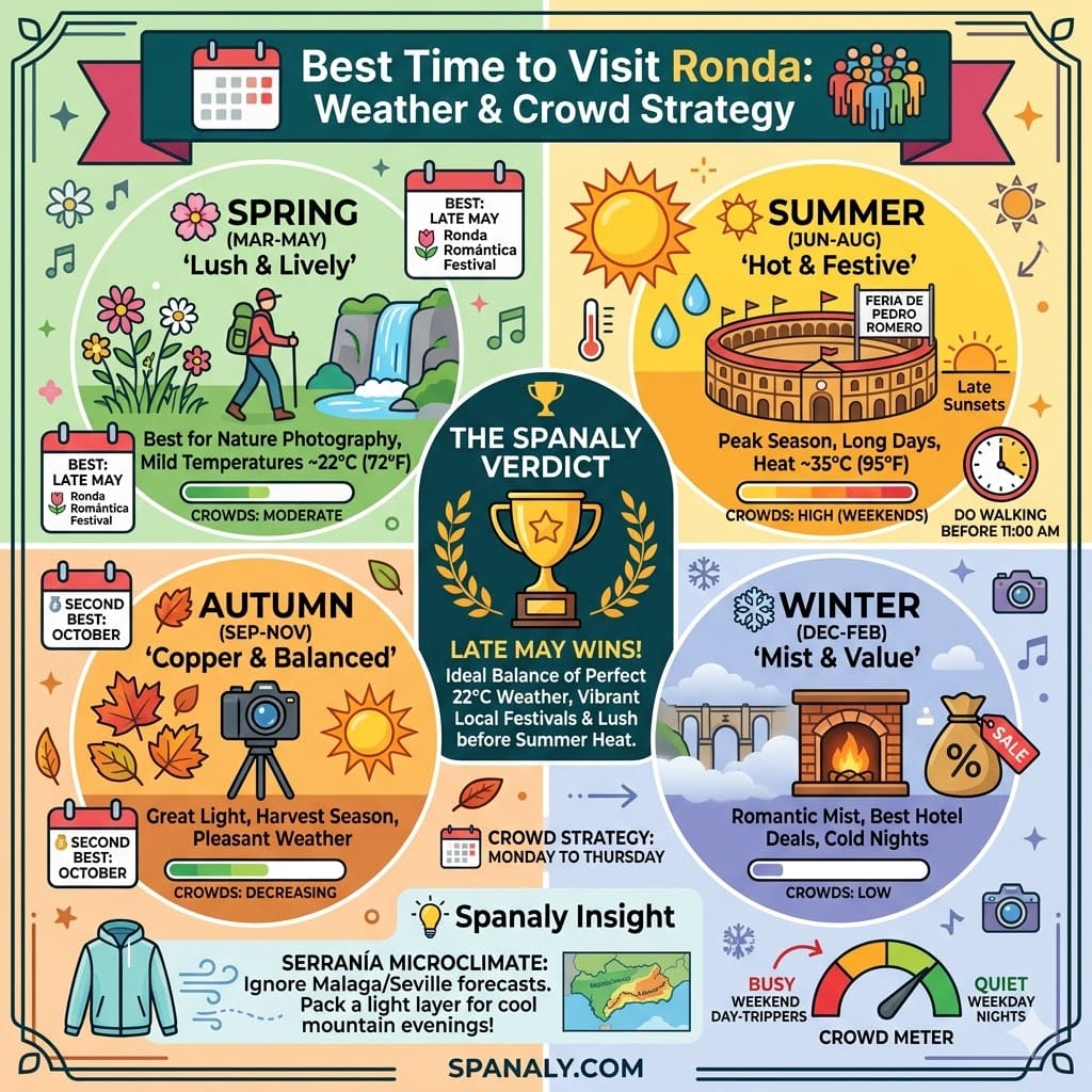 A detailed seasonal travel infographic for Ronda, Spain, showing weather patterns, crowd levels for spring, summer, autumn, and winter, and highlighting late May as the best time to visit.