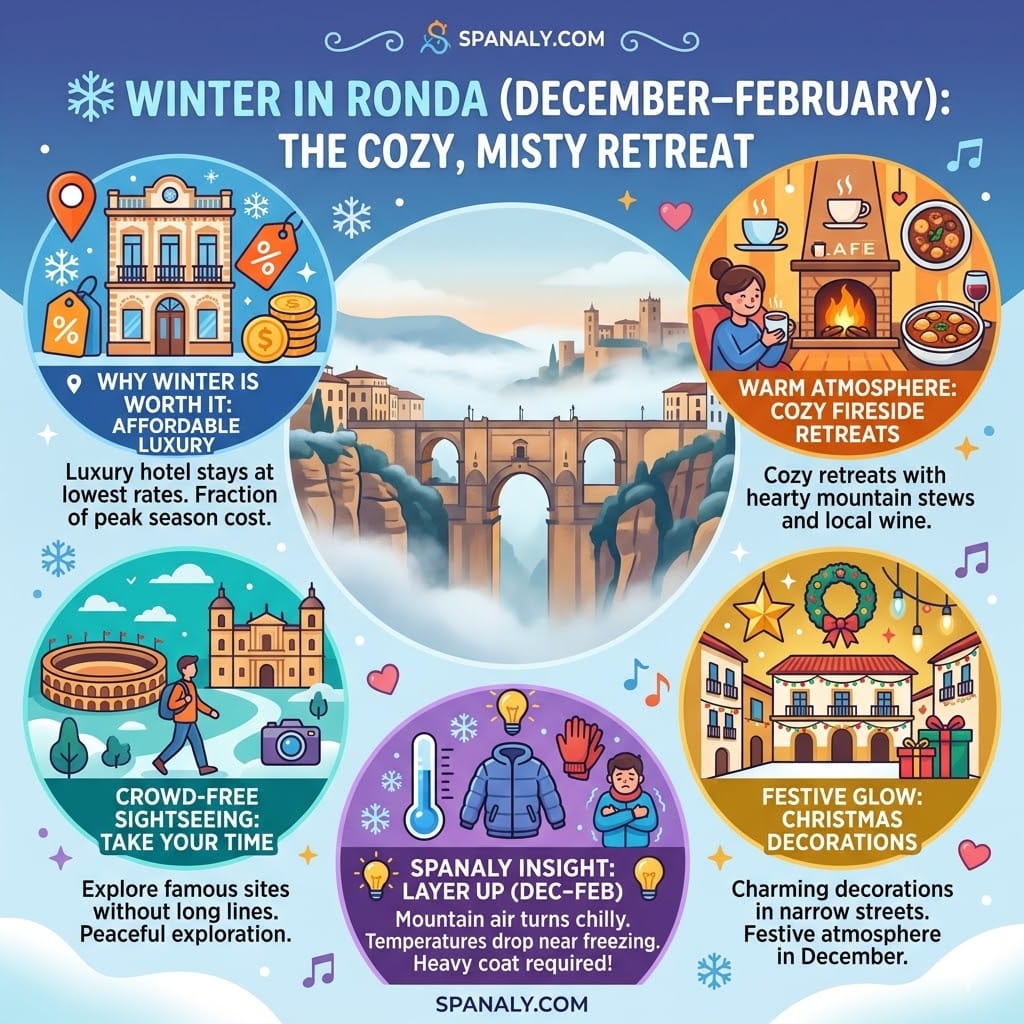 Cozy 1024x1024 infographic of Ronda in winter featuring misty gorge views, fireside dining, affordable luxury hotel stays, and festive Christmas decorations.