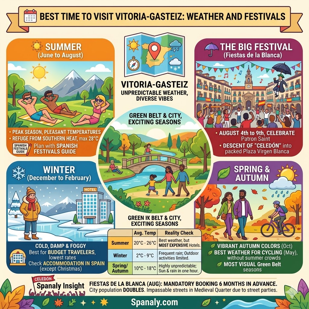 An infographic showing the best time to visit Vitoria-Gasteiz, featuring summer festivals like Fiestas de la Blanca, winter budget tips, and autumn colors in the Green Belt.