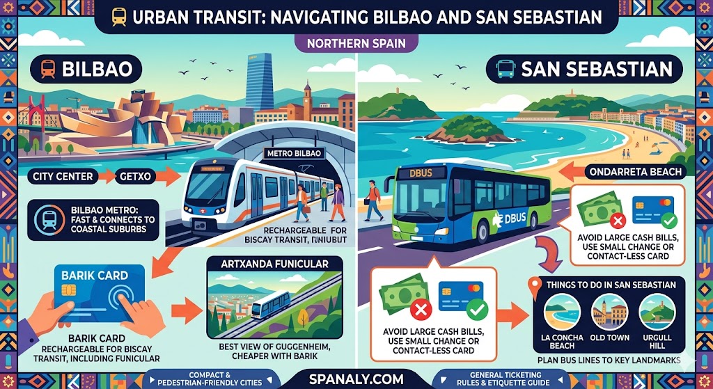 Infographic showing urban transport in Bilbao and San Sebastian, featuring the Metro Bilbao, Dbus, and the Barik card for travelers.