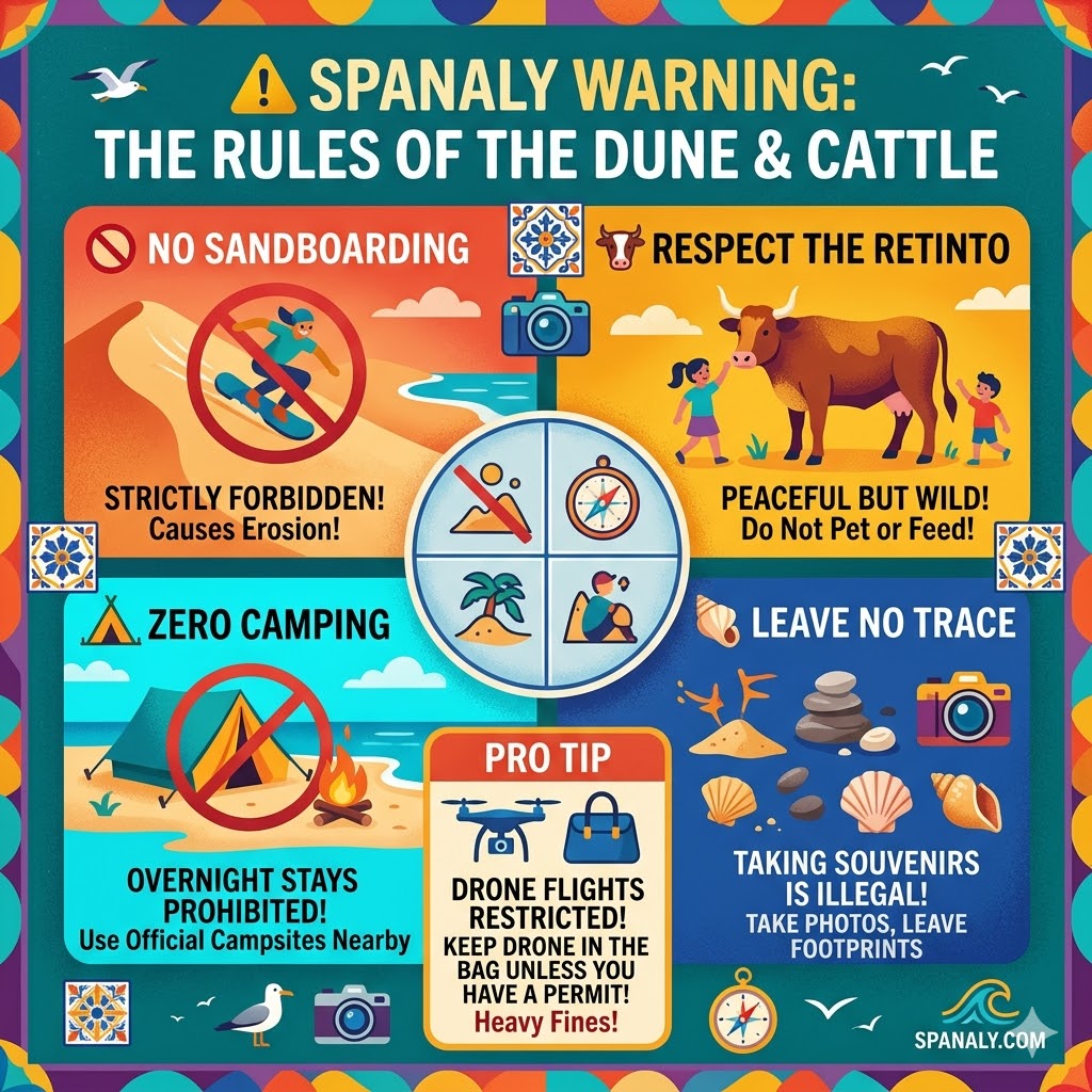 A vibrant infographic illustrating strict rules at Playa de Bolonia, Tarifa: No Sandboarding on the Dune, Respect Semi-Wild Cattle (Do Not Pet), Zero Wild Camping (No Tents), Leave No Trace (Don't take souvenirs like shells or sand).