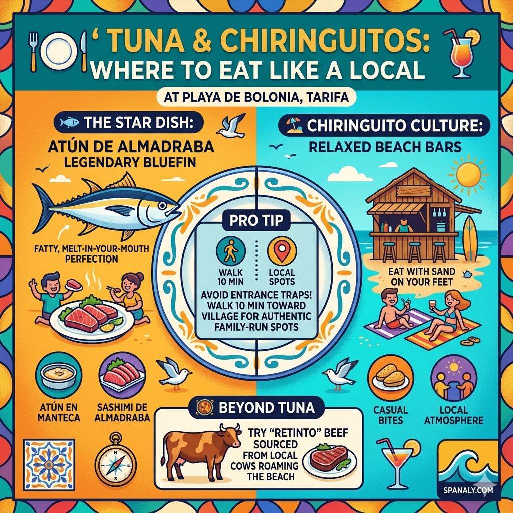 A colorful infographic about dining in Playa de Bolonia, featuring the legendary Atun de Almadraba bluefin tuna, local Retinto beef, and tactical tips to find authentic family-run chiringuitos.