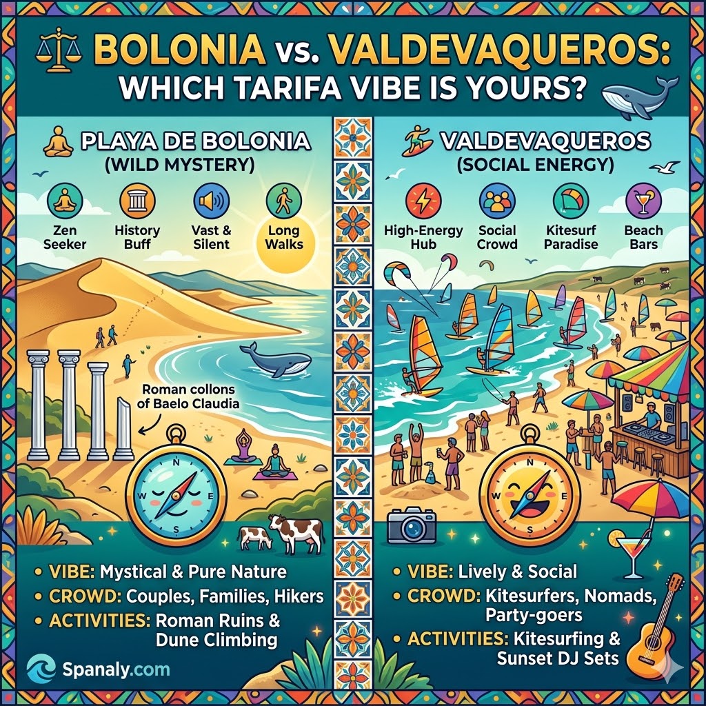 A vibrant side-by-side infographic comparing Playa de Bolonia's wild dunes and Roman ruins with the high-energy kitesurfing and social beach bars of Valdevaqueros in Tarifa.