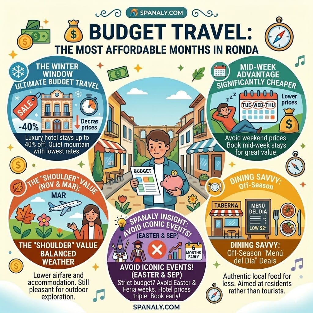 Helpful 1024x1024 budget travel infographic for Ronda showing 40% hotel discounts in winter, mid-week saving tips, and affordable off-season dining deals.