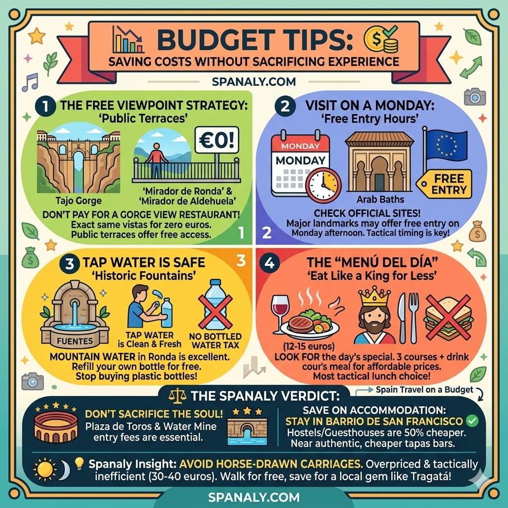 A tactical budget travel infographic for Ronda, Spain, showing how to save money using free public viewpoints, refilling water at historic fountains, and choosing the Menú del Día over overpriced restaurants.