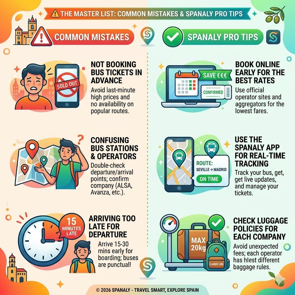 Educational infographic by Spanaly detailing common bus travel mistakes in Spain and expert pro tips for online booking, luggage policies, and real-time tracking.