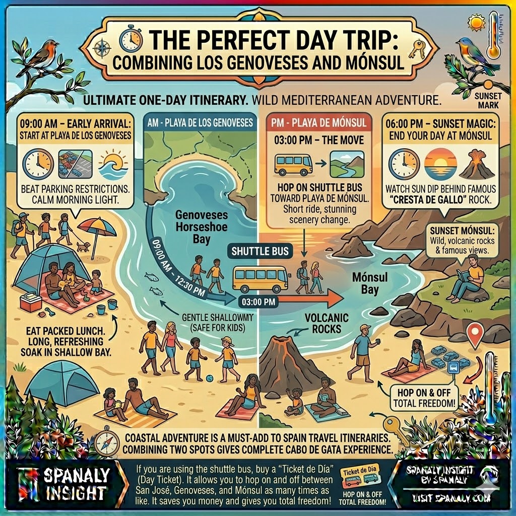 A visual day trip itinerary for Cabo de Gata combining Playa de los Genoveses and Playa de Mónsul featuring shuttle bus tips and sunset at Cresta de Gallo.