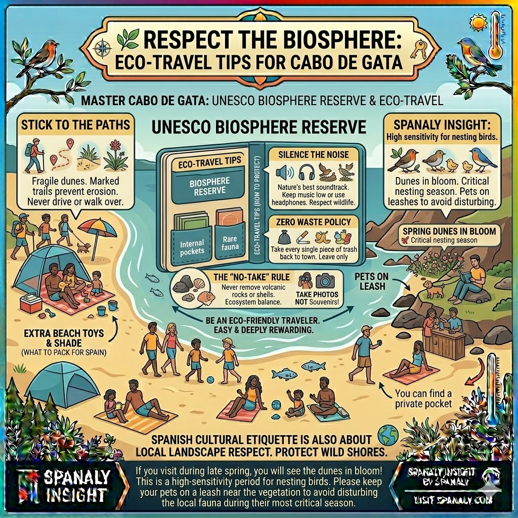 Eco-travel infographic for Cabo de Gata biosphere reserve featuring tips on zero waste policy, staying on paths, and protecting nesting birds in spring.