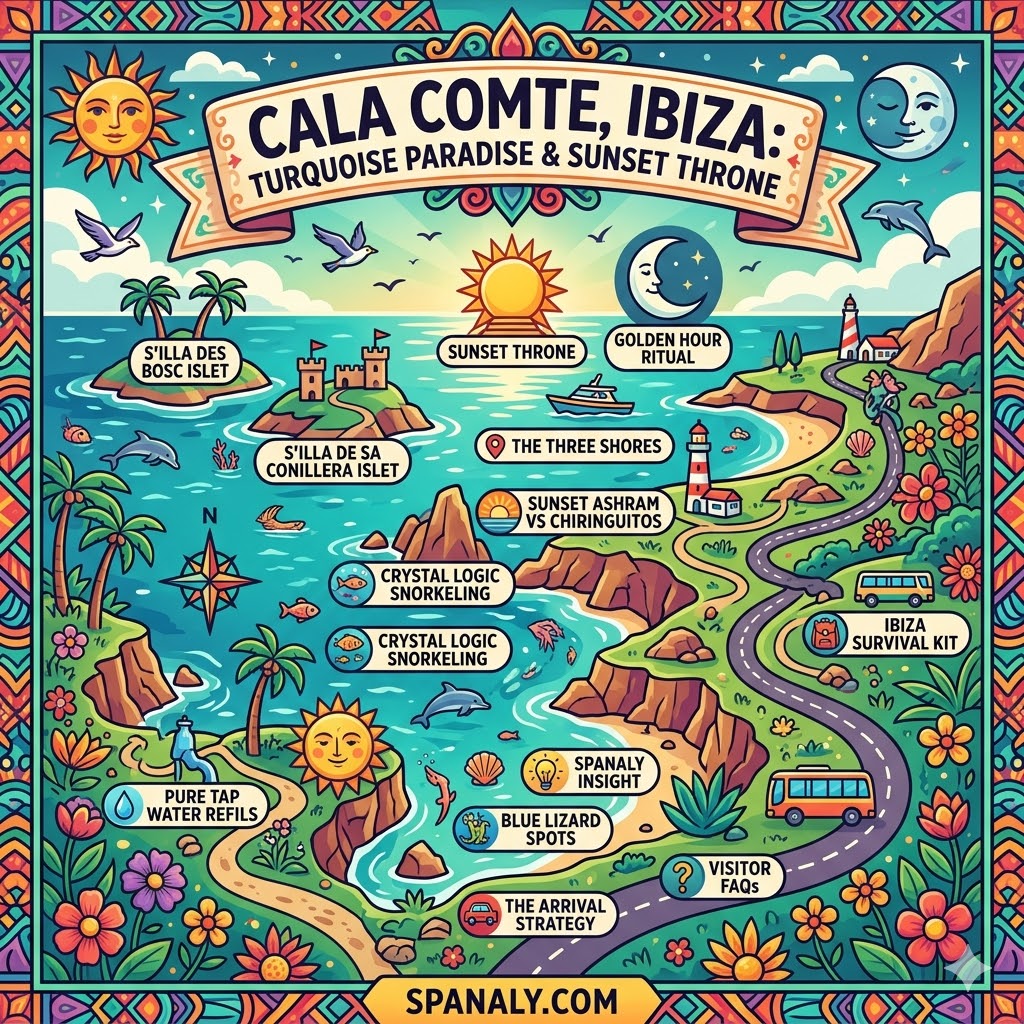 Epic infographic map of Cala Comte Ibiza titled Turquoise Paradise & Sunset Throne, showing snorkeling spots, the three shores, and essential travel tips.