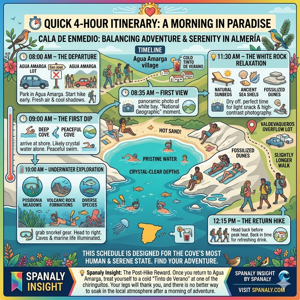A 4-hour morning itinerary infographic for Cala de Enmedio featuring a timeline from 08:00 AM departure in Agua Amarga to 12:15 PM return hike.