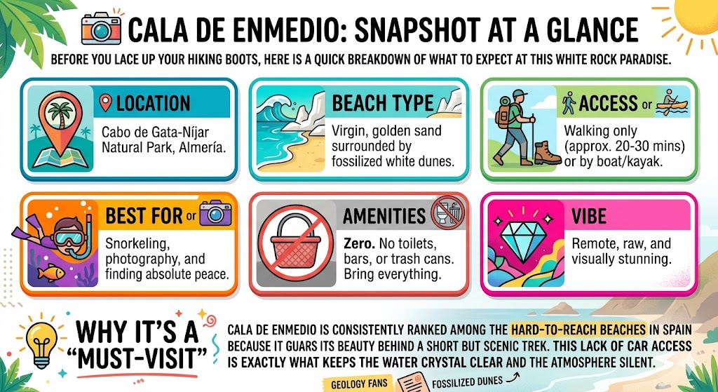 Infographic guide to Cala de Enmedio Almeria showing location, walking access, and white rock beach features in Cabo de Gata.