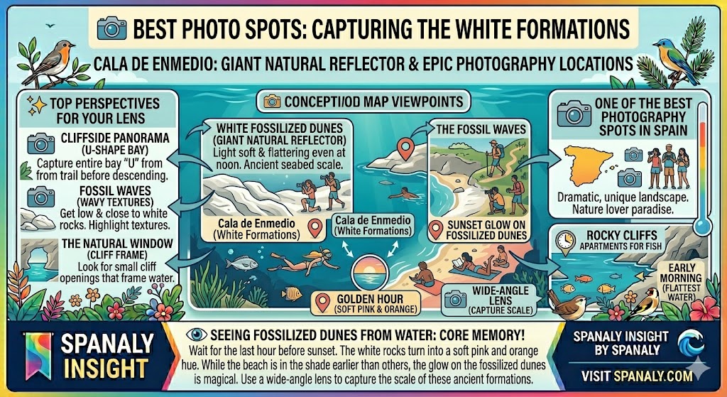 Infographic of best photo spots in Cala de Enmedio featuring the cliffside panorama, fossilized wave textures, and the natural rock window frame.