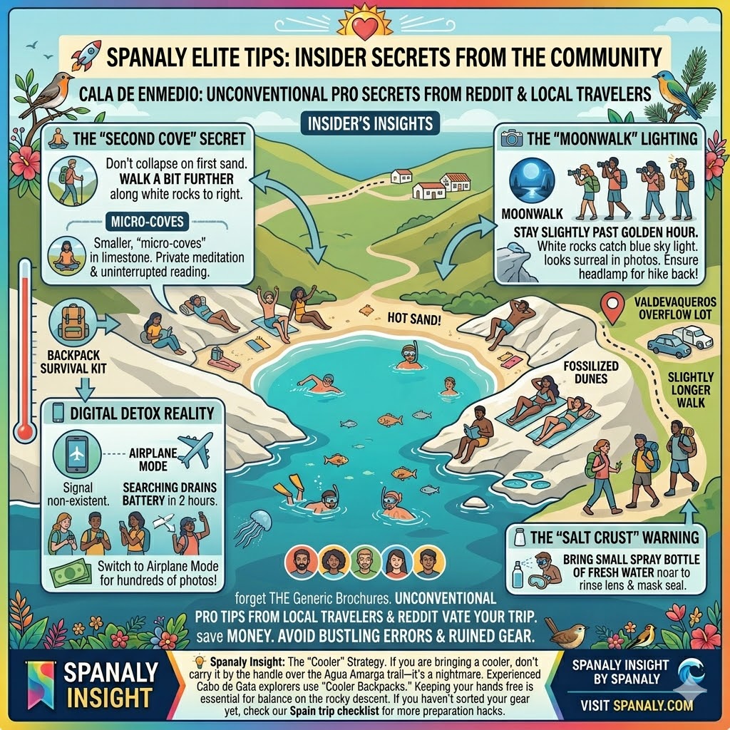 Infographic for Cala de Enmedio elite tips featuring micro-coves, blue hour photography secrets, digital detox tips, and salt crust prevention for gear.