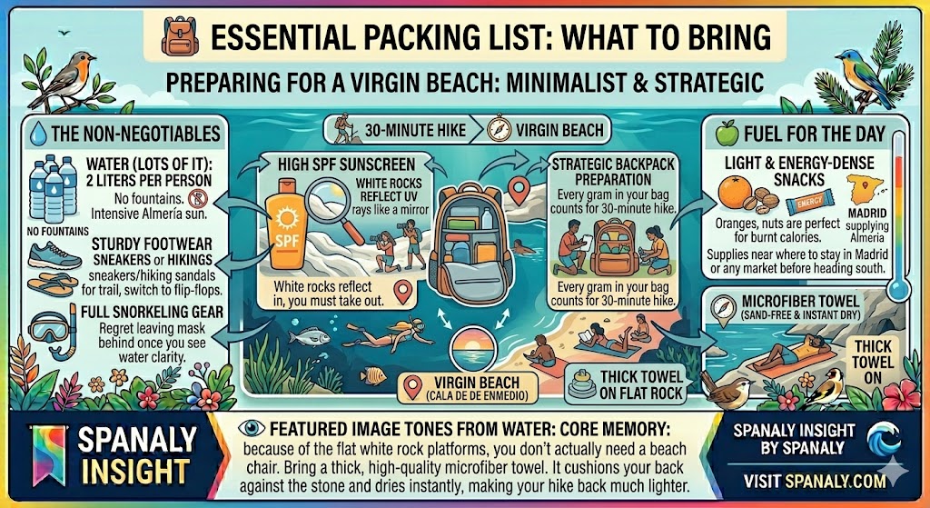 Essential packing list infographic for Cala de Enmedio featuring water requirements, high SPF sunscreen for white rock reflections, snorkeling gear, and hiking footwear.
