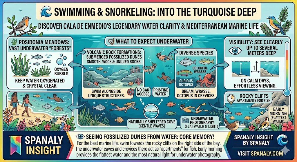 Snorkeling infographic for Cala de Enmedio showing Posidonia meadows, Mediterranean fish species like bream and octopus, and underwater volcanic rock caves.
