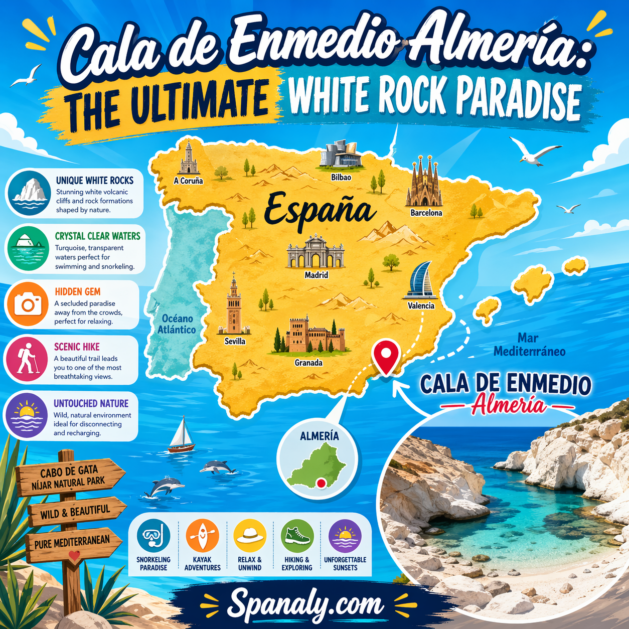 Epic infographic map of Spain highlighting Cala de Enmedio in Almería featuring white fossilized dunes, hiking trails from Agua Amarga, and snorkeling spots.