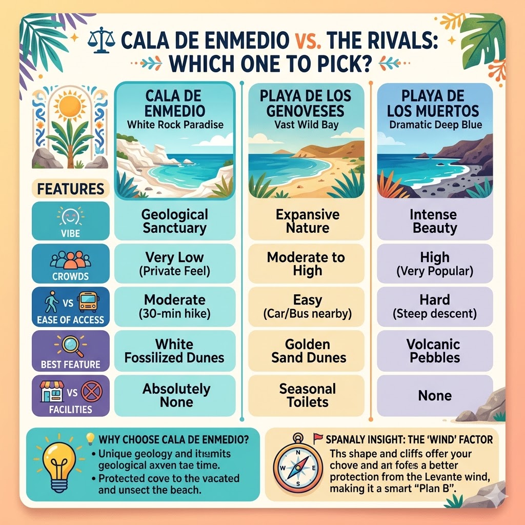 Comparison table of Cala de Enmedio vs Playa de los Genoveses and Playa de los Muertos highlighting crowds, access, and features.