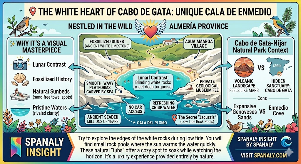 Infographic of Cala de Enmedio in Cabo de Gata showing fossilized white dunes, turquoise waters, and natural rock pool jacuzzis near Agua Amarga.