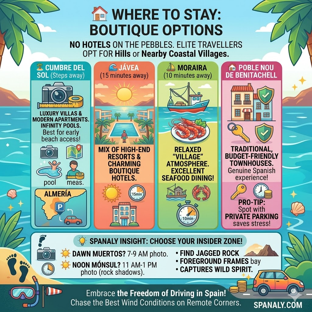 Boutique accommodation guide near Cala del Moraig, featuring luxury villas in Cumbre del Sol, resorts in Jávea, fishing village stays in Moraira, and traditional townhouses in Benitachell.