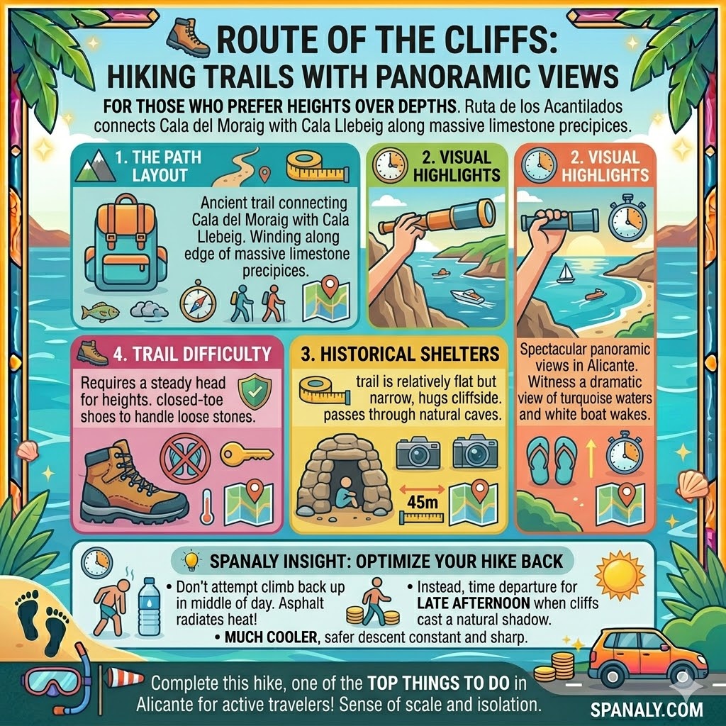 Hiking guide for the Route of the Cliffs in Alicante, showing the trail from Cala del Moraig to Cala Llebeig, historical fisherman shelters, panoramic Mediterranean views, and safety tips for the limestone path.