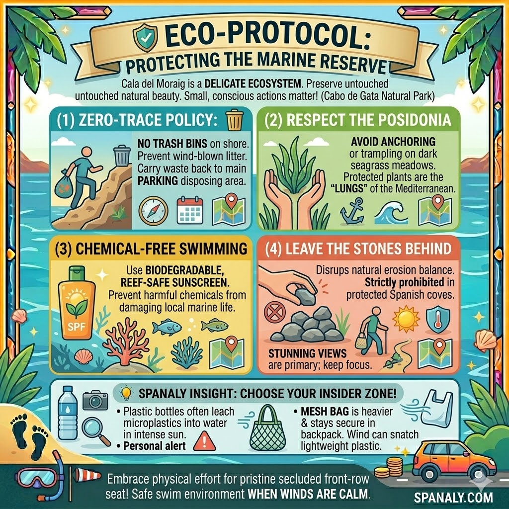 Environmental protection guide for Cala del Moraig marine reserve, featuring zero-trace waste policy, Posidonia seagrass preservation, reef-safe sunscreen tips, and rules against taking pebbles.