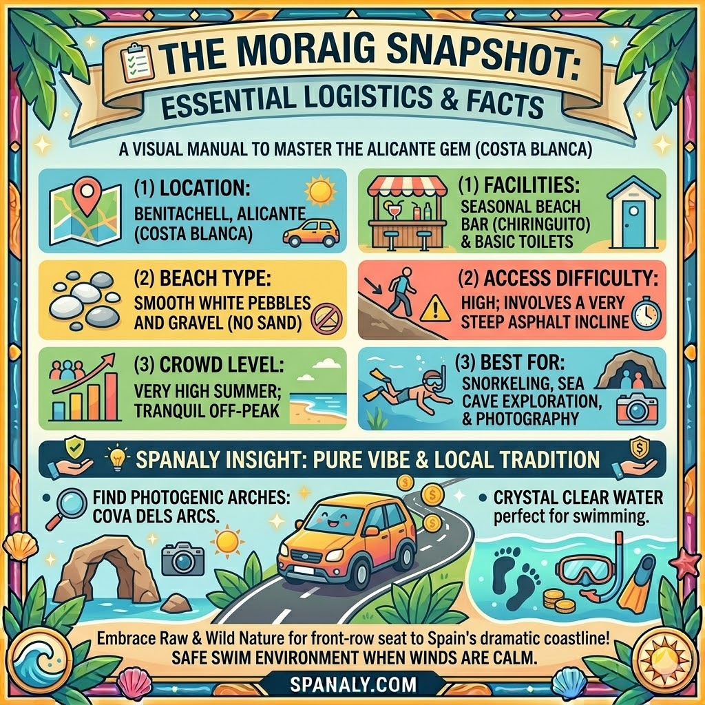 Essential logistics infographic for Cala del Moraig in Benitachell, featuring beach facts, white pebble terrain, snorkeling tips, and access difficulty details for Alicante travelers.