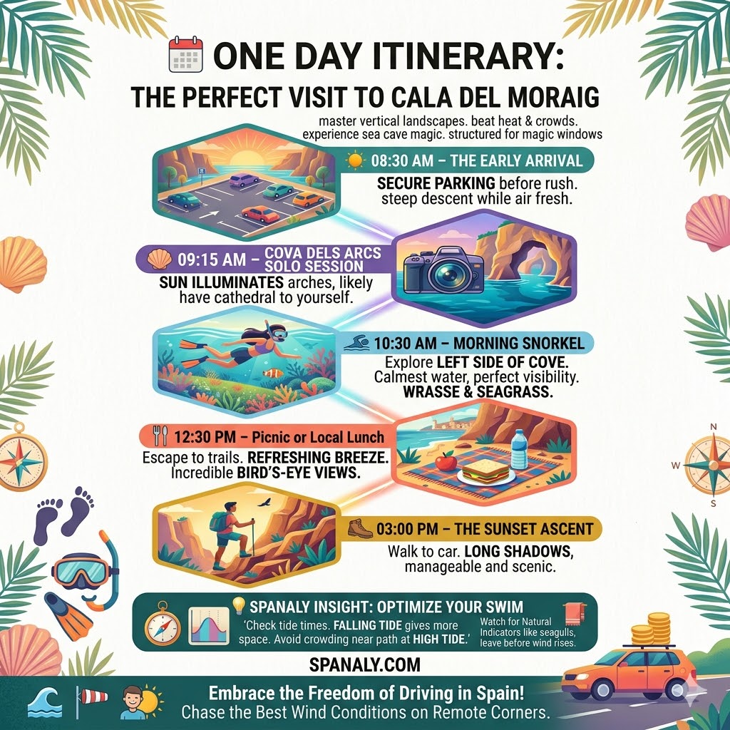 A detailed one-day itinerary for visiting Cala del Moraig, featuring hourly activities from early arrival at 8:30 AM to a sunset ascent at 7:00 PM, including snorkeling, hiking, and sea cave photography tips.