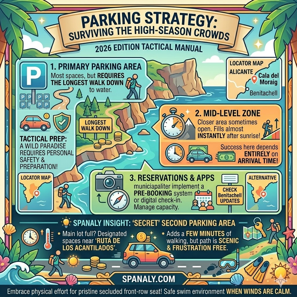Parking guide for Cala del Moraig in Benitachell, featuring tips on the upper lot, mid-level zones, pre-booking apps, and the secret parking area near Ruta de los Acantilados.