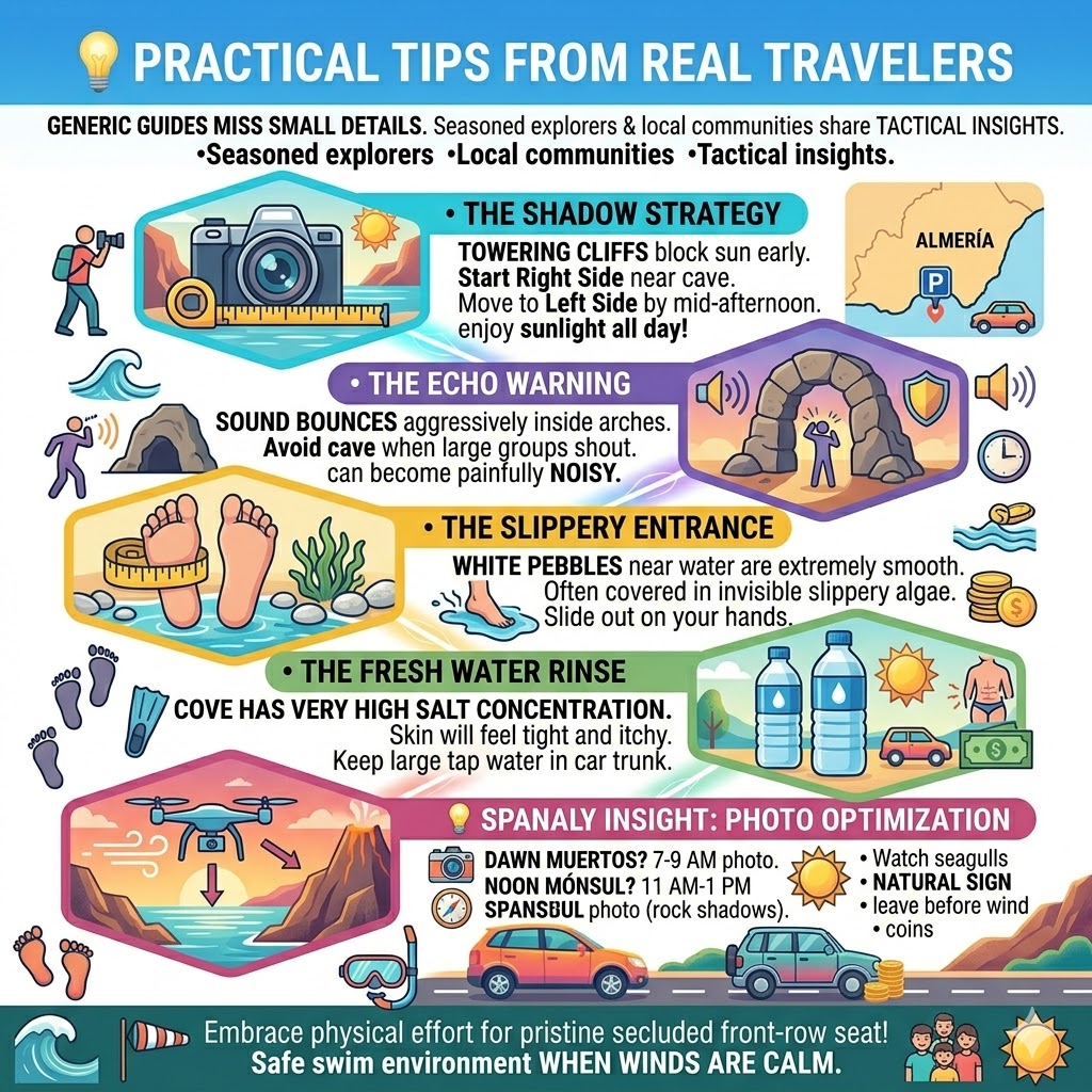 Practical traveler tips for Cala del Moraig including the shadow strategy for sunlight, cave echo warnings, safety tips for slippery pebbles, and drone flying hazards near cliffs.