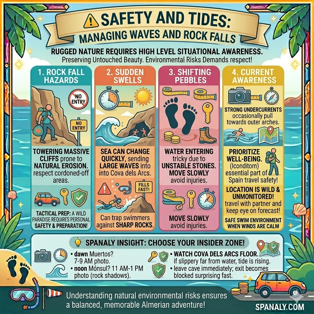 Safety guide for Cala del Moraig in Benitachell, detailing rock fall hazard zones, sudden sea swells in Cova dels Arcs, shifting pebble foot safety, and Mediterranean current awareness.