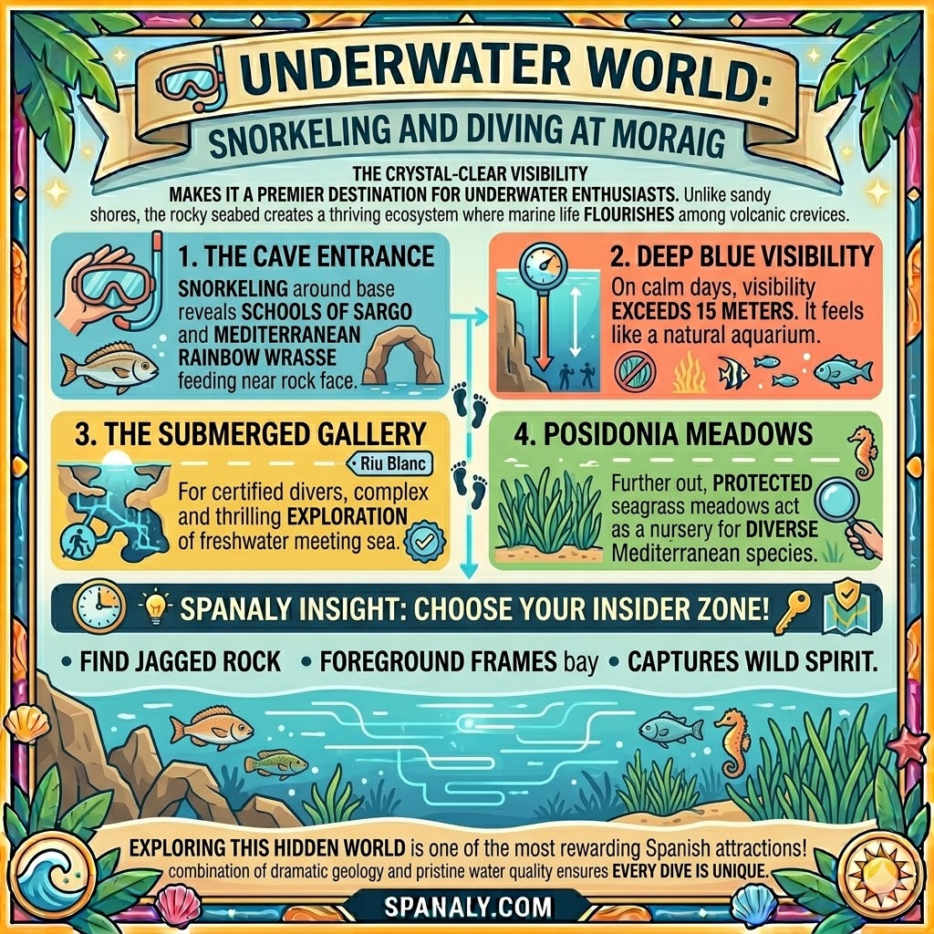 Comprehensive snorkeling and diving guide for Cala del Moraig in Benitachell, featuring tips on the Cova dels Arcs cave entrance, 15m visibility deep blue zones, 'Riu Blanc' submerged galleries for certified divers, and protected Posidonia seagrass meadows.