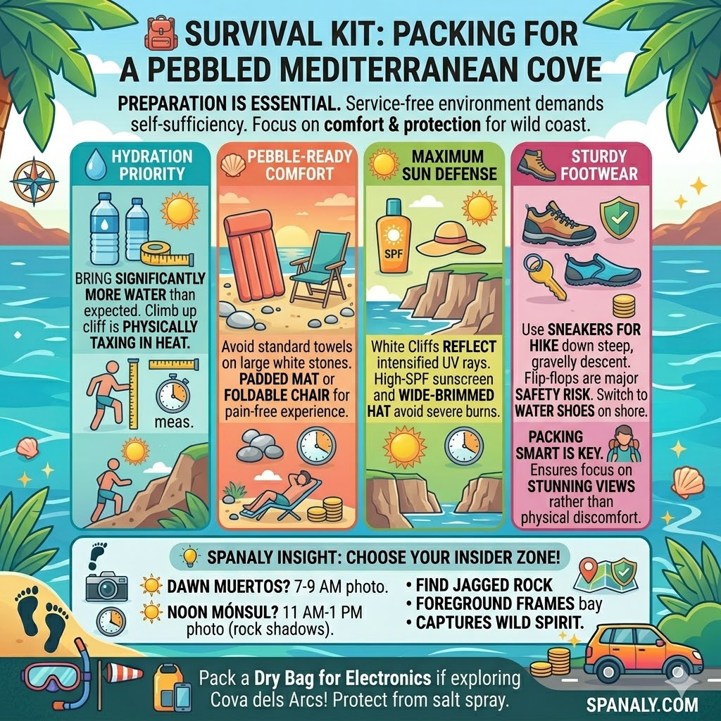 Essential Mediterranean cove survival kit for Cala del Moraig, featuring hydration priorities, padded mats for pebbles, sun defense tips, and sturdy footwear for the steep hike.