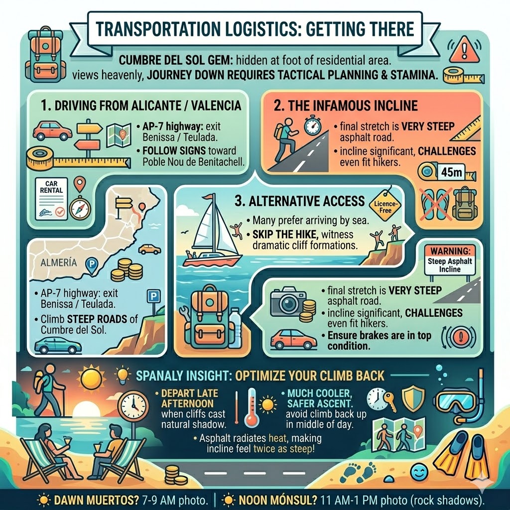 Logistics guide for reaching Cala del Moraig in Benitachell, showing driving routes from Alicante, the steep asphalt incline, alternative sea access, and expert tips for climbing back in the shade.