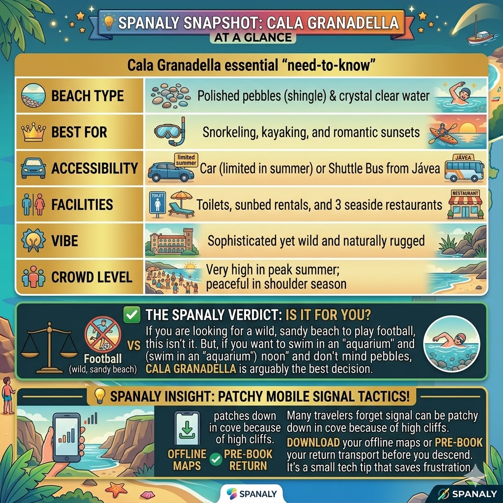 A comprehensive infographic of Cala Granadella in Javea highlighting beach type, facilities, accessibility, and expert Spanaly insights on mobile signal tactics.