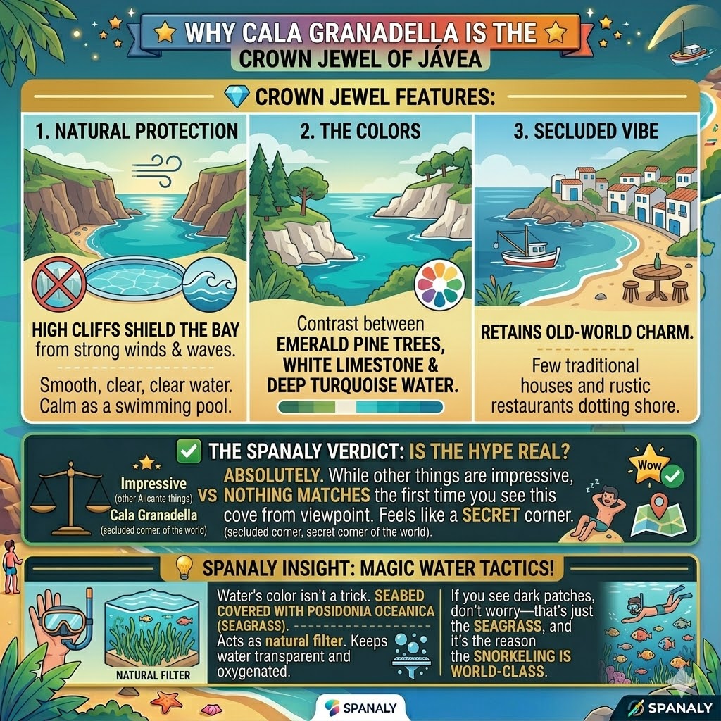 An illustrative infographic explaining why Cala Granadella is Javea's crown jewel, featuring its natural protection, turquoise colors, and the role of Posidonia seagrass in water clarity.