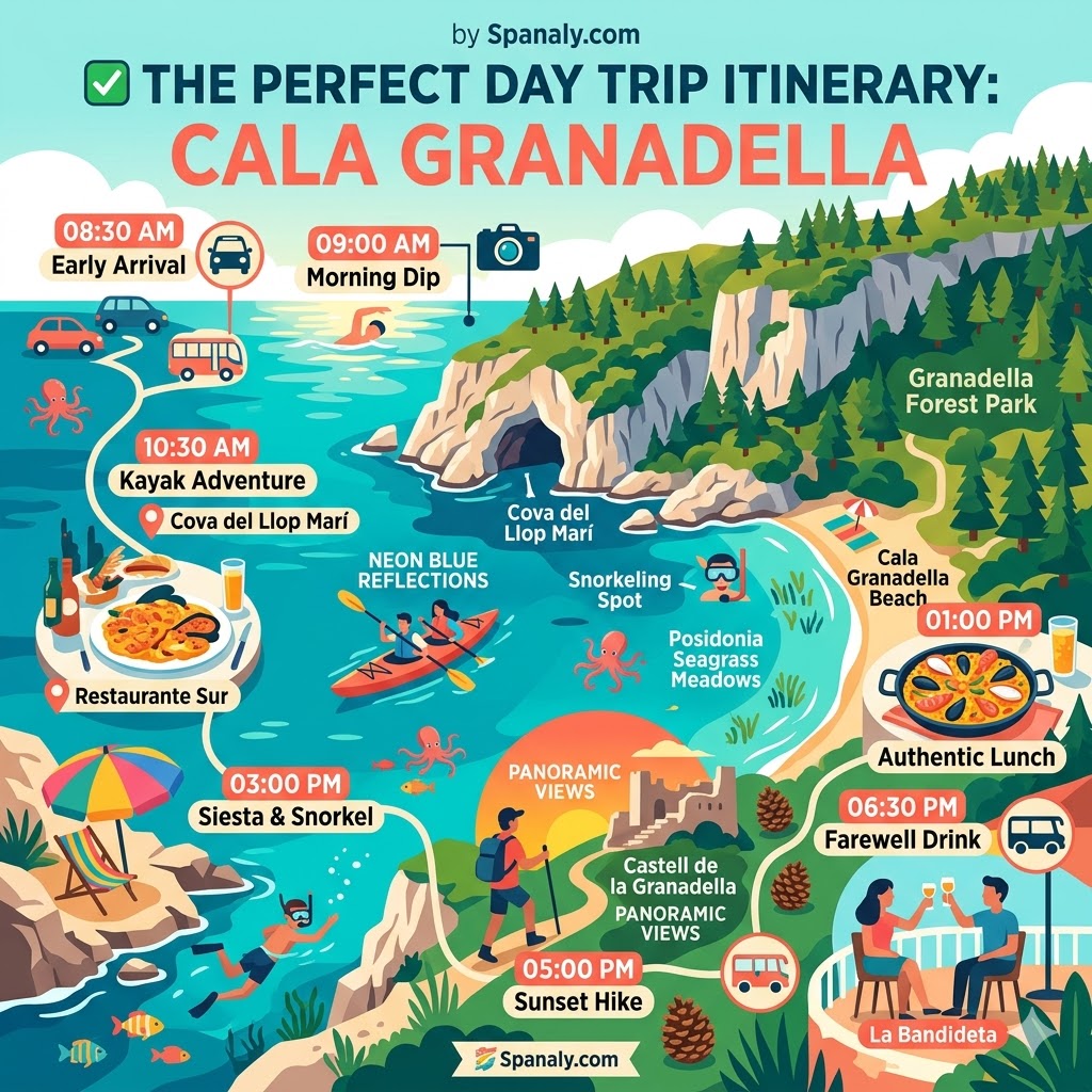 A colorful 1024x1024 infographic itinerary for Cala Granadella featuring a 10-hour schedule from early arrival and kayaking to a sunset hike at the castle ruins.