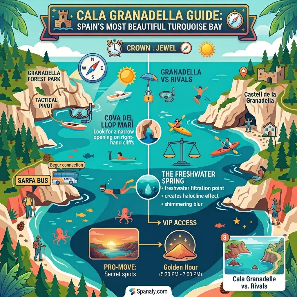 An epic featured infographic map for Cala Granadella guide, showcasing the turquoise bay, limestone cliffs, and Spanish coastal beauty with Spanaly branding.