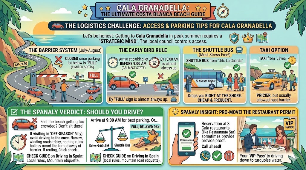 A colorful 1024x1024 logistics infographic for Cala Granadella in Javea featuring parking barrier rules, shuttle bus schedules, and restaurant permit hacks.