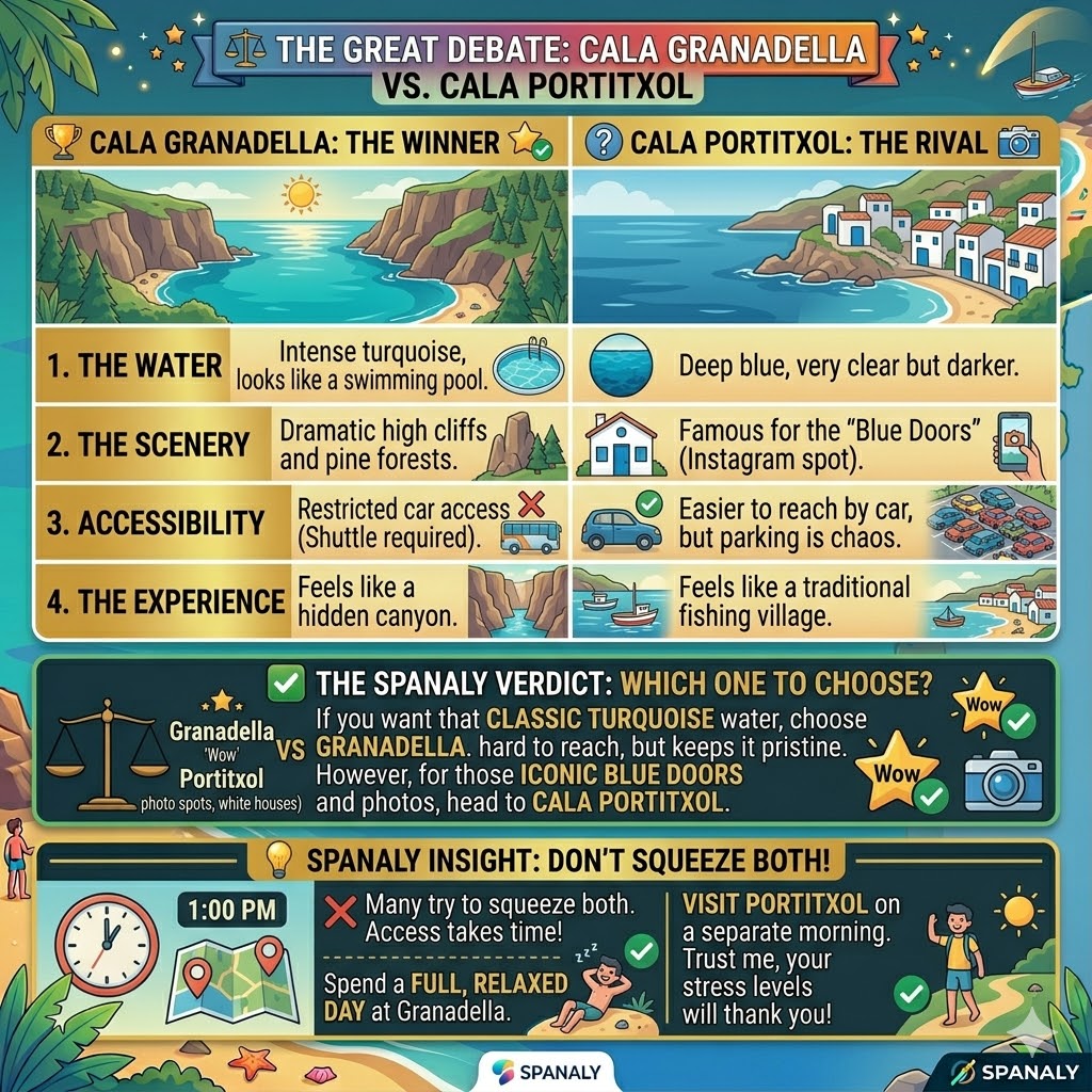 A comparison infographic between Cala Granadella and Cala Portitxol in Javea showing differences in water color, accessibility, and the famous blue doors photo spot.