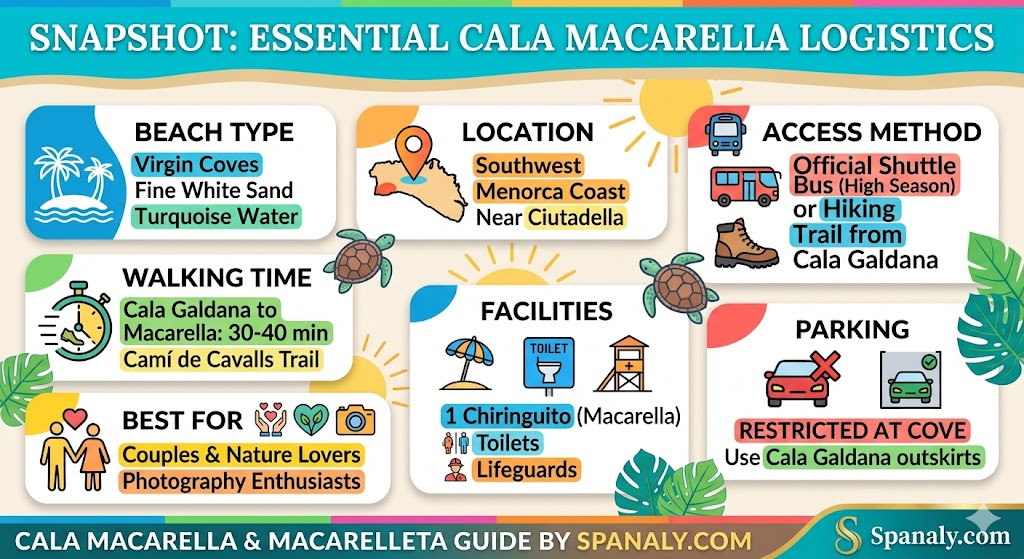 Colorful infographic summarizing essential logistics for Cala Macarella and Macarelleta beaches in Menorca, covering access, facilities, and parking rules.