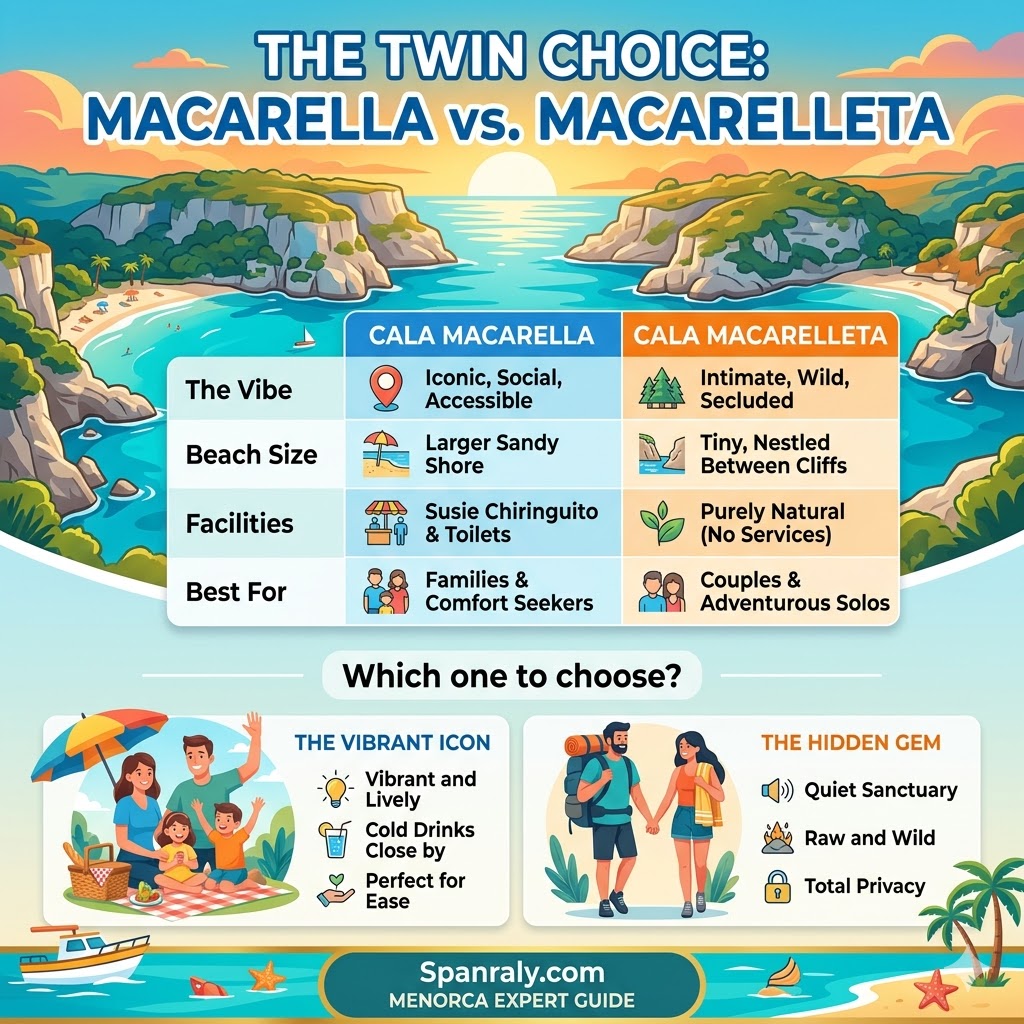 Comparison infographic between Cala Macarella and Cala Macarelleta beaches in Menorca, showing differences in vibes, facilities, and crowd levels.