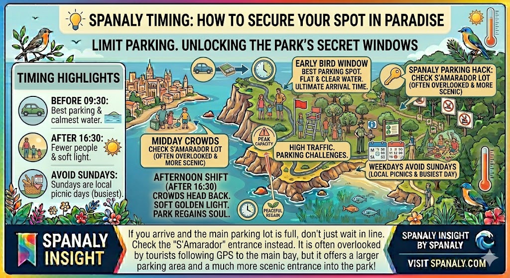 Infographic showing the best time to visit Cala Mondragó, featuring early bird windows, afternoon shifts, and weekend vs weekday advice.