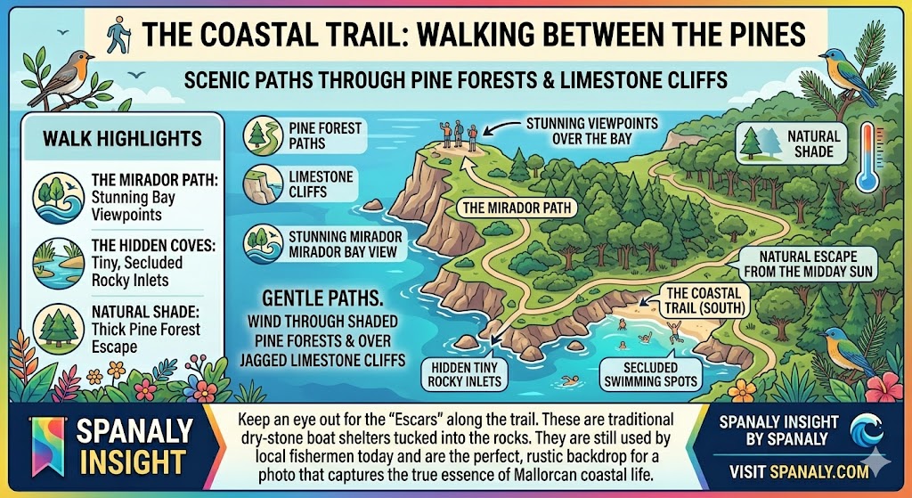 Infographic of the coastal trail at Cala Mondragó in Mallorca showing the path to Mirador viewpoints, hidden coves, and the traditional Escars boat shelters.